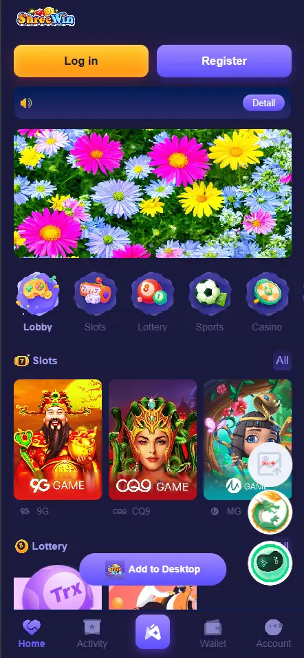 Official Shreewin Game lobby — Log in, Register, and category tabs. This website is not the app.